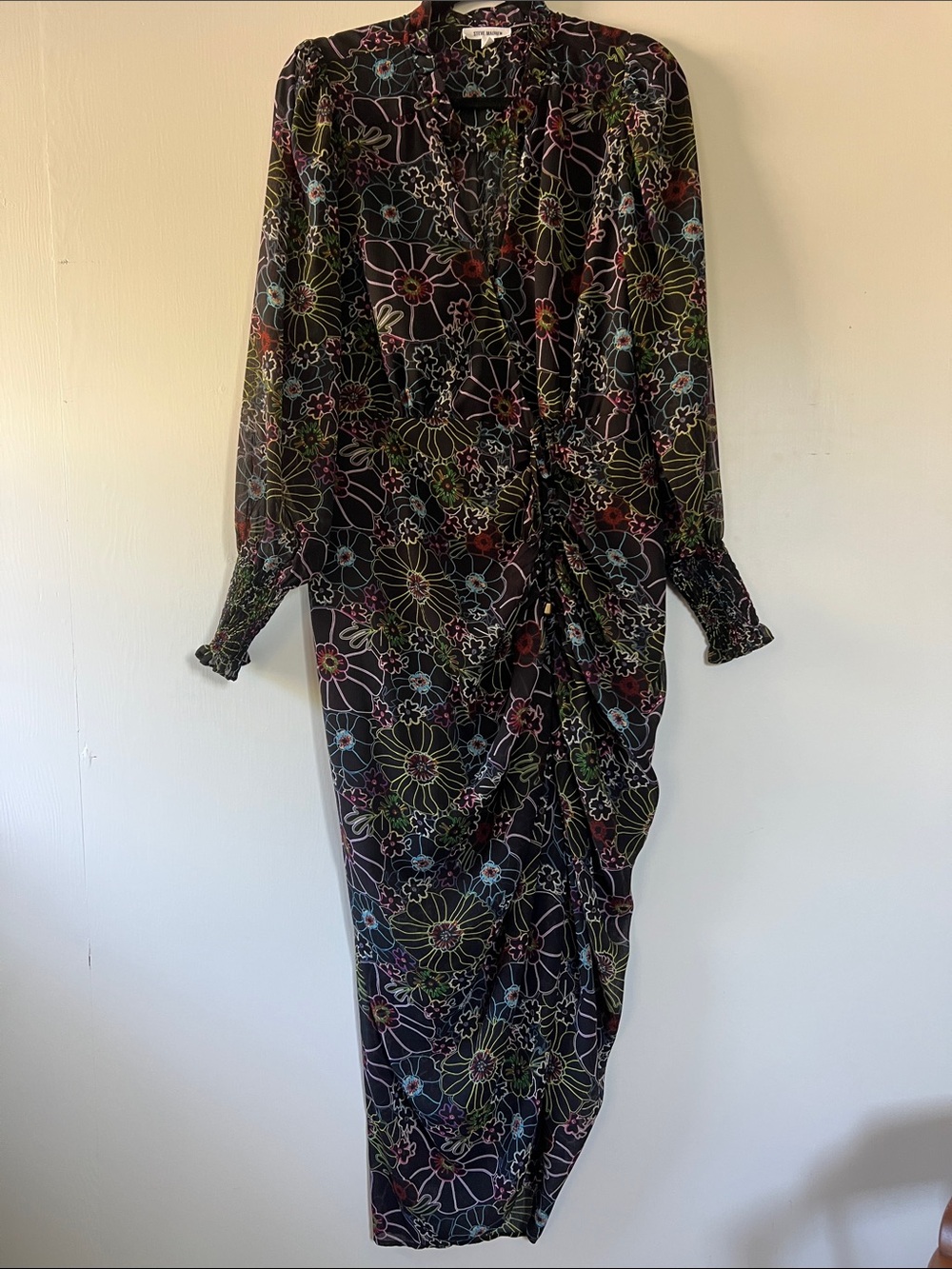 Black With Flowers Long Sleeve Hi -Low Dress